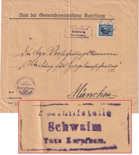 DR-Infla - Schwaim T. Karpfham Posthilfstelle-Ra3 Dienstbrief n. München 11.5.21