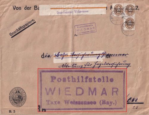 DR-Infla - Wiedmar T. Weissensee Posthilfstelle-Ra3 Dienstbrief Füssen 1921