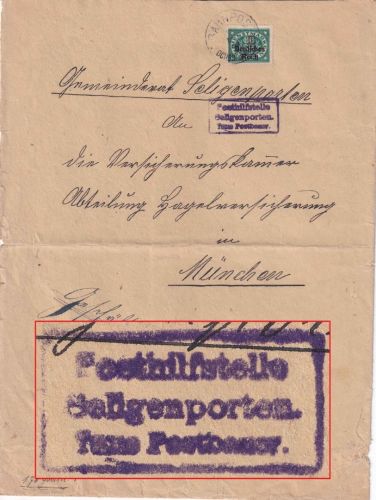 DR-Infla - Seligenporten T. Postbauer Posthilfstelle-Ra3 Dienstbrief 1921