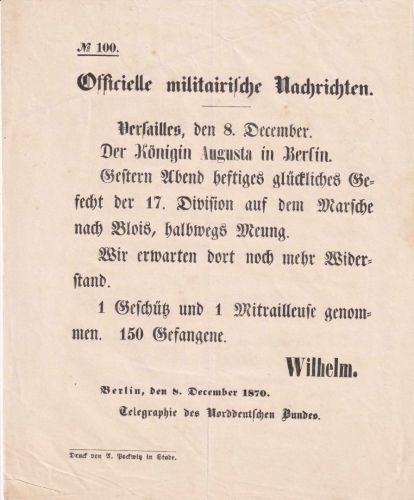 NDP - Krieg 1870/71 Officielle militairische Nachrichten No. 100 v. 8.12.1870