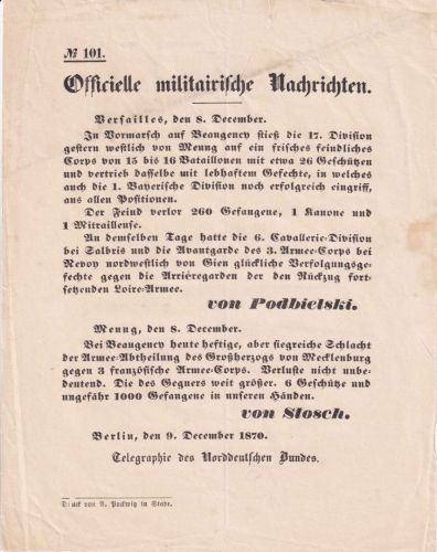 NDP - Krieg 1870/71 Officielle militairische Nachrichten No. 101 v. 8./9.12.1870