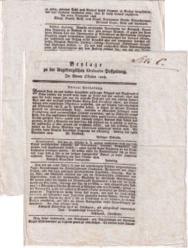 Bayern - Augsburg Okt. 1808 Beylage zu der Augsburgischen Ordinaire Postzeitung