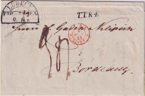 Lübeck/Th&T/Frankreich - 1843 HKS u. TTR4 Portobrief n. Bordeaux