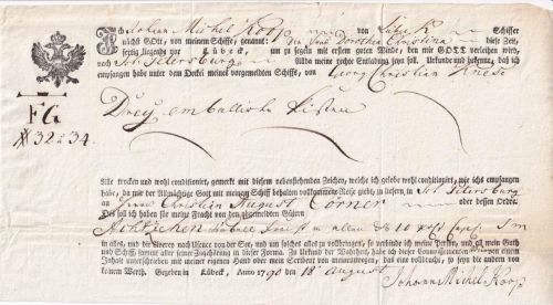 Lübeck/Russland - Schiffsfrachtquittung für drei Kisten nach St. Petersburg 1790