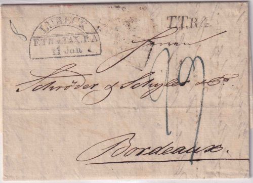 Lübeck/Th&T/Frankreich - 1825 HKS u. TTR4 Portobrief ü. Givet n. Bordeaux