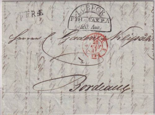 Lübeck/Th&T/Frankreich - 1841 HKS u. TTR4 Portobrief ü. Hamburg n. Bordeaux