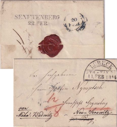 Lübeck/Th&T/Österreich - 1844 HKS Portobrief n. Neu-Senowitz/Geyersberg