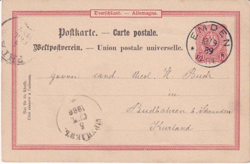 DR/Russland - 10 Pfg. Ganzsache K1 Emden 13/9 89 n. Rudbahren b. Schrunden