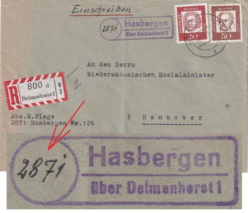 BRD - (2871) Hasbergen ü. Delmenhorst Landpost-Ra2 Einschreibebrief 19.4.62