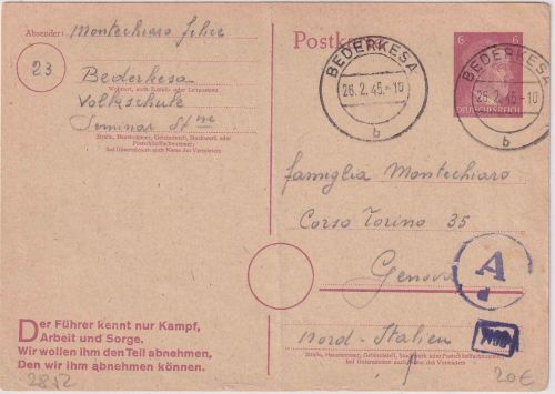 DR - 6 Pfg. AH Ganzsache n. ITALIEN (Zwangsarbeiter !) Bederkesa - Genua 26.2.45