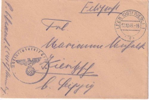 DR - Leer 12.10.43 Feldpostbrief Marinelazarett n. Kieritzsch b. Leipzig