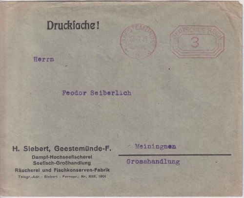DR - Geestemünde 12.12.23 3 Pfg. PFS Drucksachenbrief n. Meiningen