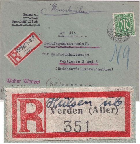 AM-Post - Hülsen ü. Verden Poststelle I Einschreibebrief n. Hannover 15.1.46
