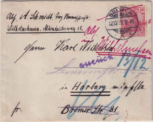 DR - Bremen 5 12.12.12 Brief n. Harburg - Irrläufer/diverse Vermerke