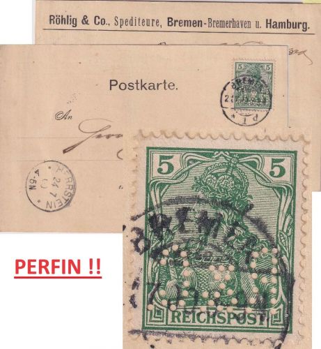 DR - 5 Pfg. Germania/Reichspost Perfin "R&C" Firmenkarte Bremen - Herrstein 1900