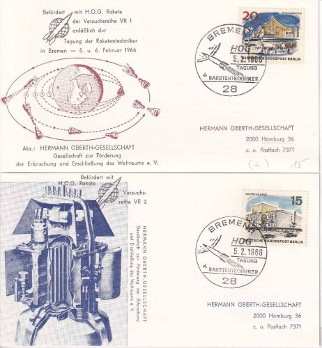 BRD - Bremen 1966 HOG Rakete VR1+2 2 Raketenpostkarten + Startprotokoll