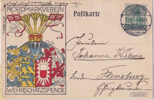 DR - 5 Pfg. Germania Werbekarte Nordmarkverein Wehrschatzspende Hadersleben 1913