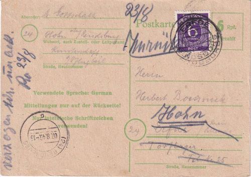 All.Bes. - 6 Pfg. Behelfsganzsache+Zusatz Erfde ü. Rendsburg 23.8.46