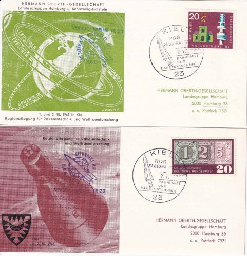 BRD - Kiel 1965 HOG Rakete VR TR22/23 2 Raketenpostkarten + Startprotokoll