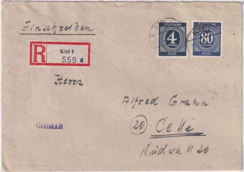 All.Bes./Kontrollrat - 80+4 Pfg. Ziffer Einschreibebrief Kiel 4 - Celle 1946