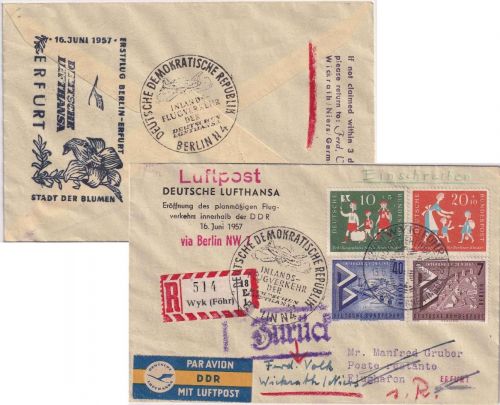 BRD - Lufthansa (DDR) Erstflug berlin/Erfurt Lupo-Einschreibebrief Wyk 13.6.57