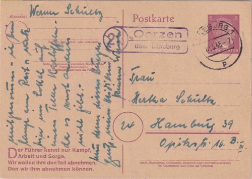 DR - (24) Oerzen ü. Lüneburg Landpost-Ra2 6 Pfg. Ganzsache n. Hamburg 10.3.45