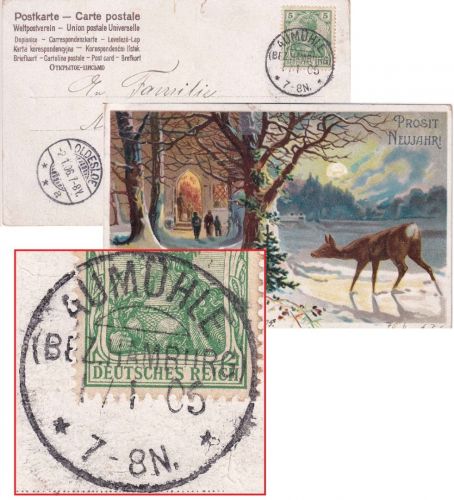 DR - Aumühle (Bz. Hamburg) 1/1 05 KOS Neujahrskarte 5 Pfg. Germania n. Oldeslohe