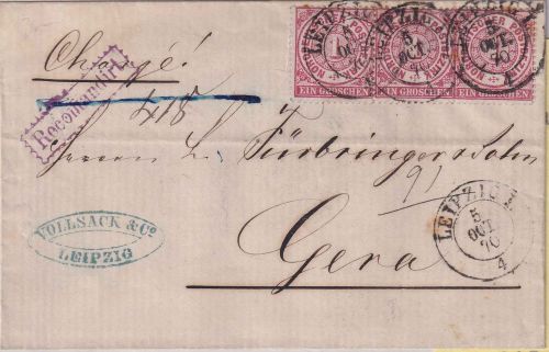 NDP - 3x1 Gr. gez. Einschreibebrief Leipzig - Gera 1870