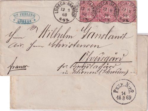 NDP/Schweden - 1 Gr. dst. waagr. 3er-Streifen Brief K1 Lübeck-Bahnhof 12.8.69