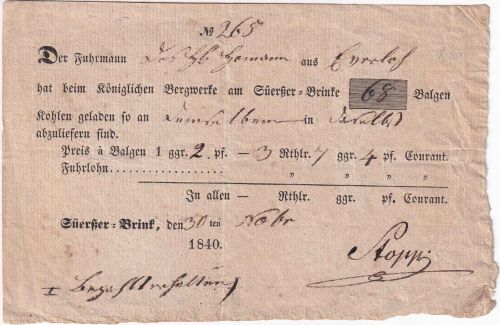 Hannover - Sürßer Brink (Wennigsen) 1840 Ladeschein/Frachtgut
