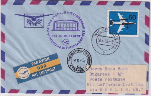 BRD - Wickrath 30.4.63 apt. Tagesstempel DDR-Lufthansa Erstflug Berlin Bukarest
