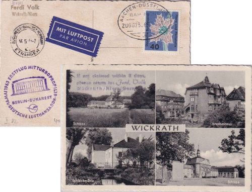 BRD - Bahnpost Aachen/Düsseldorf Aufg. Wickrath DDR-Lufthansa Erstflug 1963