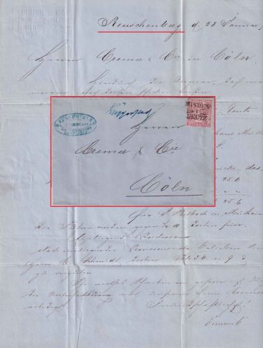 NDP - Reuschenberg (1879) hds. Aufgabe Bahnpost Minden Deutz Brief n. Cöln