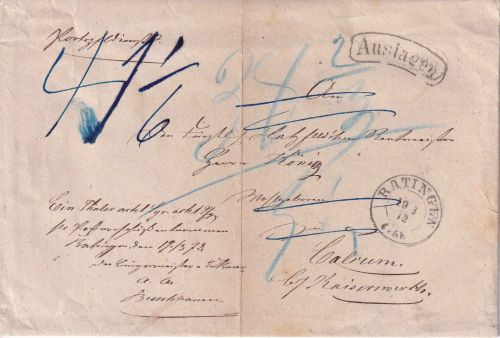 DR - Ratingen 19/3 72 preuss. K2 Auslagenbiref n. Calcum b. Kaiserswerth