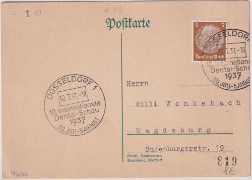 DR - Düsseldorf 1937 10. Int. Dental-Schau SST Drucksachenkarte n. Magdeburg