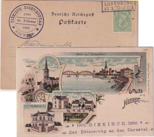 NRW - Heerdt Rathaus Schule Kirche etc. Mehrbild-Farblitho gelaufen 1900