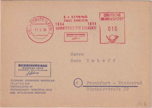 BRD - Marburg 1954 10 Pfg. AFS Behringwerke Firmenkarte n. FFM