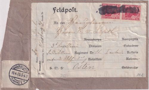 DR - 2x10 Pfg. Germania Feldpost-Päckchen (Vds.) L1 u. Tagesstpl. Marburg 1915