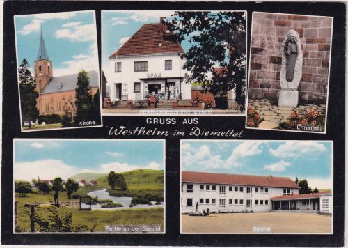 NRW - Westheim Schule geschäft Ehrenmal etc. farb. Mehrbild-AK ungel. ca. 1970