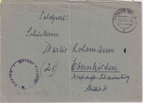 DR - Warburg 11.3.45 Felpostbrief Reservelazarett n. Obernkirchen - mit Inhalt