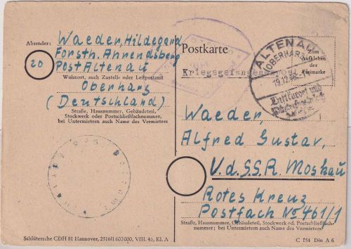 All.Bes. - Altenau 19.12.46 portofr. Kriegsgefangenenkarte i.d. UdSSR (PF 461/1)