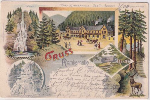 Niedersachsen - Oker Hotel Romkerhalle Mehrbild-Farblitho gelaufen 1900