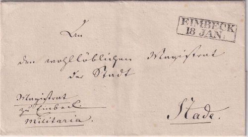 Hannover - Eimbeck 18. JAN Ra2 Militaria-Dienstbrief n. Stade ca. 1825