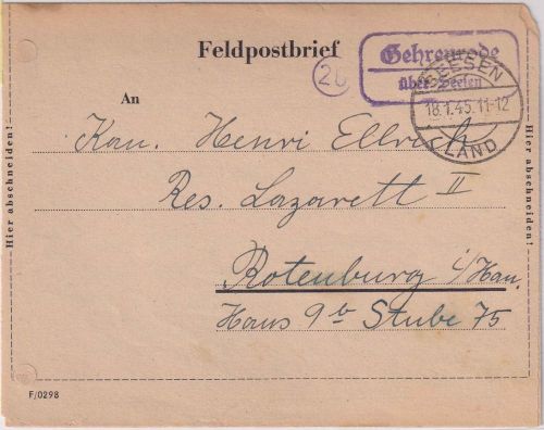 DR - (20) Gehrenrode ü. Seesen Landpost-Ra2 Feldpostbrief n. Rotenburg 18.1.45