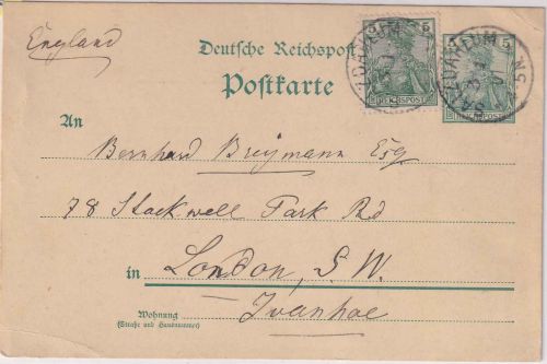 DR - 5 Pfg. Germania/Reichspost Ganzsache+Zusatz n. ENGLAND Salzdahlum 1901
