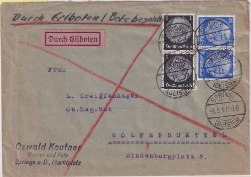 DR - 2x25+2x1 Pfg. Hindenburg Eilbrief Springe (Deister) - Wolfenbüttel 1937