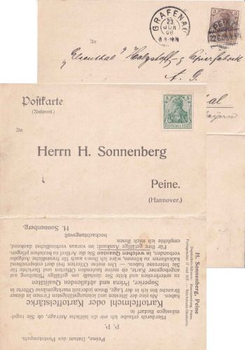 DR - 3/5 Pfg. Germania Firmenkarte m. Antwortkarte Peine - Elsenthal 1908