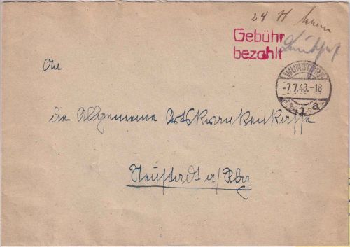 All.Bes. - Wunstorf 7.7.48 roter L2 Gebühr bezahlt Brief n. Neusatdt a/R.