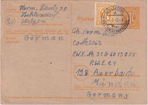 AM-Post - 6 Pfg. Ganzsache+Zusatz (20) Suhlendorf ü. Ülzen 1.3.46 Datum !