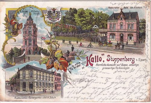NRW - Stoppenberg b. Essen Restaurant "Hallo" farb. Mehrbildlitho gelaufen 1899
